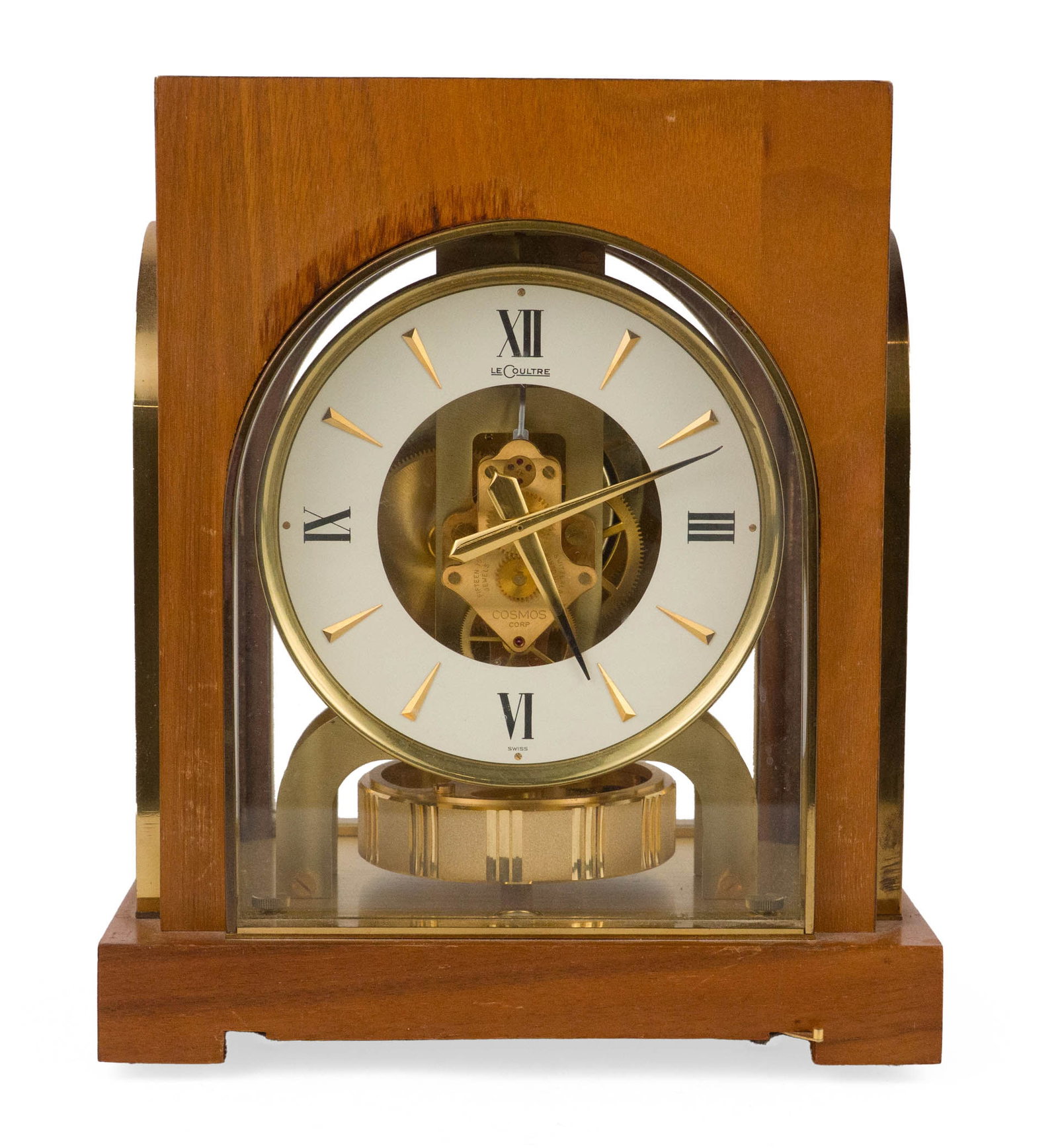 Jaeger LeCoultre Atmos "Cosmos" Clock: Jaeger LeCoultre Atmos "Cosmos" Clock Limited edition made for COSMOS during the 60's. Wooden box, roman enamel dial. 10 x 8 1/2 x 6 5/8 in. (25.4 x 21.6 x 16.8 cm.)