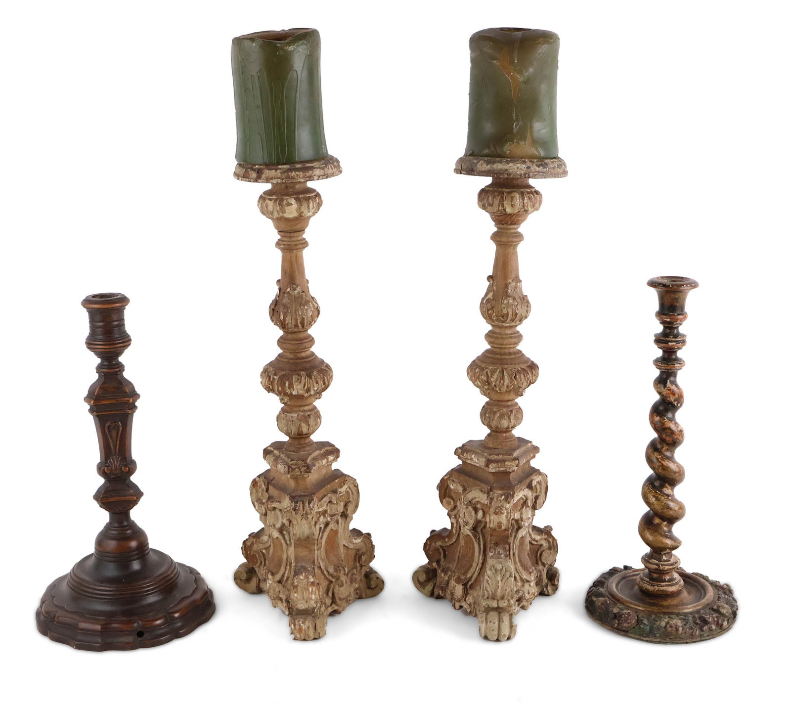 Pair of Baroque Style Carved Wood Pricket Sticks: Pair of Baroque Style Carved Wood Pricket Sticks 19th/20th C. Together with a wood barley-twist candlestick and a Victorian style wood candlestick. 4 pieces Losses, wear, surface distress.