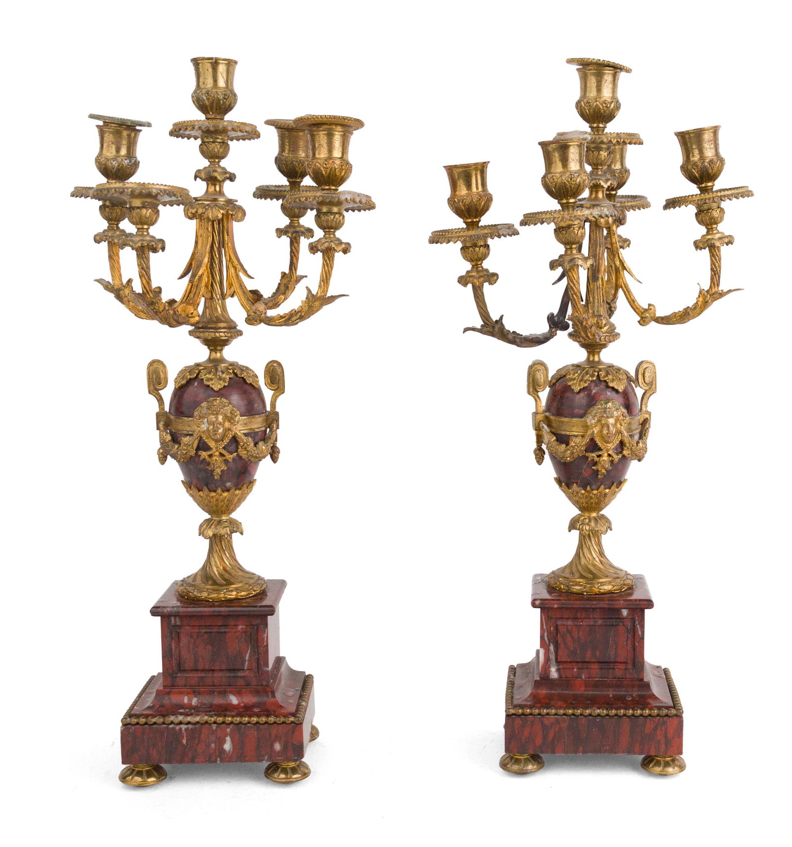 Pair of Louis XVI Style Ormolu-Mounted Marble Candelabra: Pair of Louis XVI Style Ormolu-Mounted Marble Candelabra 19th/20th C. with rouge marble. Some bobeches and candle sockets missing. Provenance: Property from a Private New York and German Collector 19