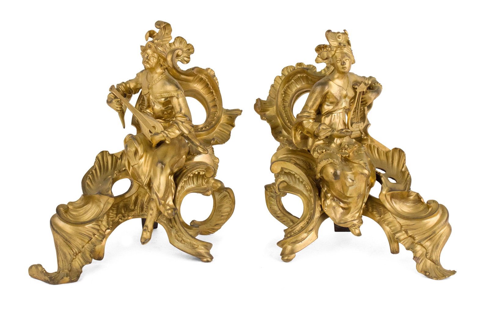 Pair of Louis XV Style Ormolu Figural Chenets: Pair of Louis XV Style Ormolu Figural Chenets French, late 19th/20th C. modeled as a male musician with a lute and a female musician with a lyre, each seated on pierced a rocaille base cast with