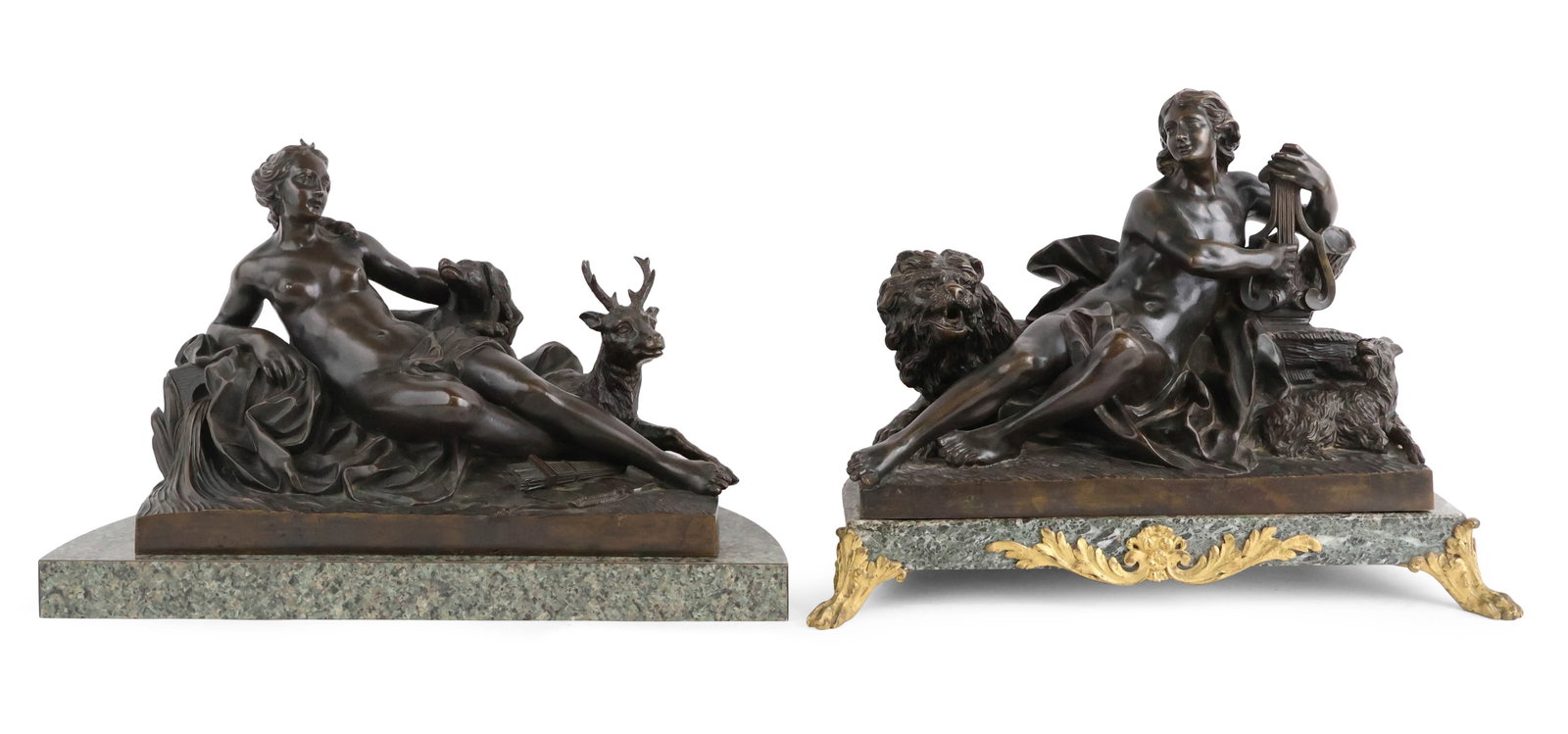 Pair of Patinated Bronze Figures of Diana and Orpheus: Pair of Patinated Bronze Figures of Diana and Orpheus Possibly French or German, 19th C. Apparently unsigned, one raised on an ormolu-mounted marble plinth, the other raised on a faux granite plinth