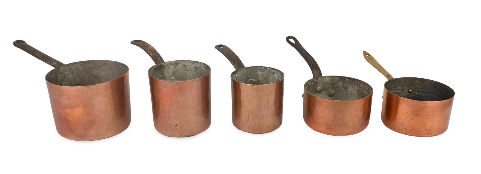 Five Small Copper Saucepots: Five Small Copper Saucepots 20th C. Some marked. Largest: 4 x 11 1/2 x 5 3/4 in. (10.2 x 29.2 x 14.6 cm.)