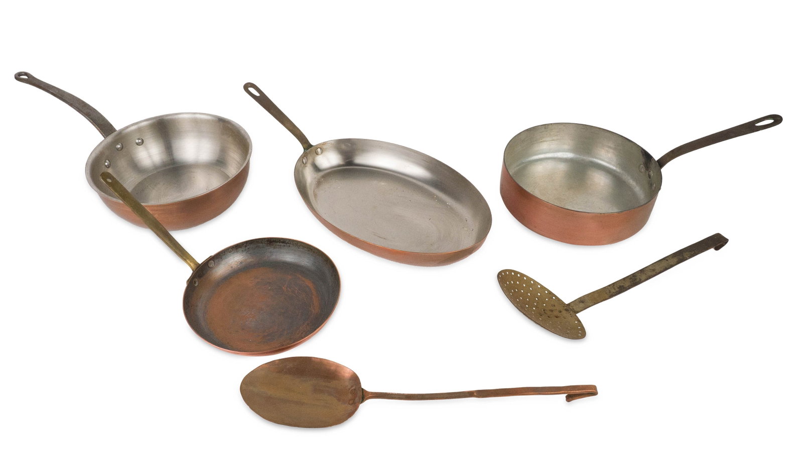 Four Copper Sauté Pans: Four Copper Sauté Pans Together with a ladle and a strainer. 6 pieces Largest: 5 x 19 3/4 x 9 1/4 in. (12.7 x 50.2 x 23.5 cm.)