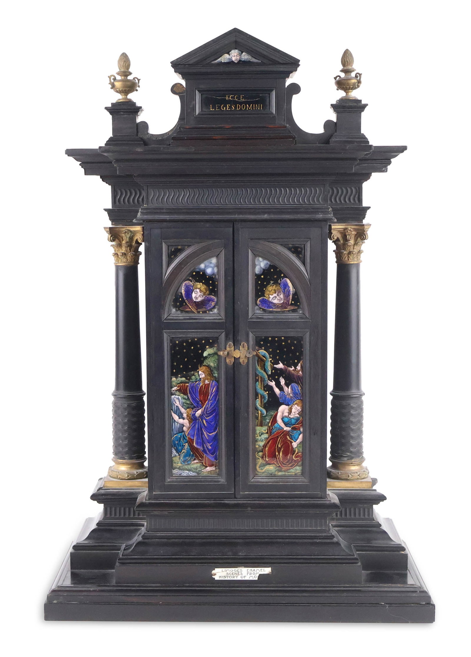 Architectonic Limoges Enamel Tabletop Garniture: Architectonic Limoges Enamel Tabletop Garniture Depicting scenes of the History of Moses in enamel. Back panel missing. 21 x 14 x 7 1/2 in. (53.3 x 35.6 x 19.1 cm.)