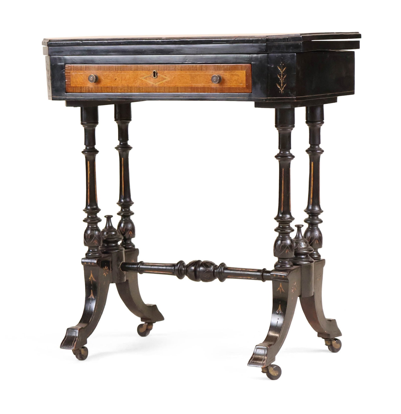 Elaborately Inlaid Eastlake Ebonized Games Table: Elaborately Inlaid Eastlake Ebonized Games Table C. 1880, with backgammon and cribbage with pieces. 28 3/4 x 25 1/2 x 16 1/4 in. (73 x 64.8 x 41.3 cm.)