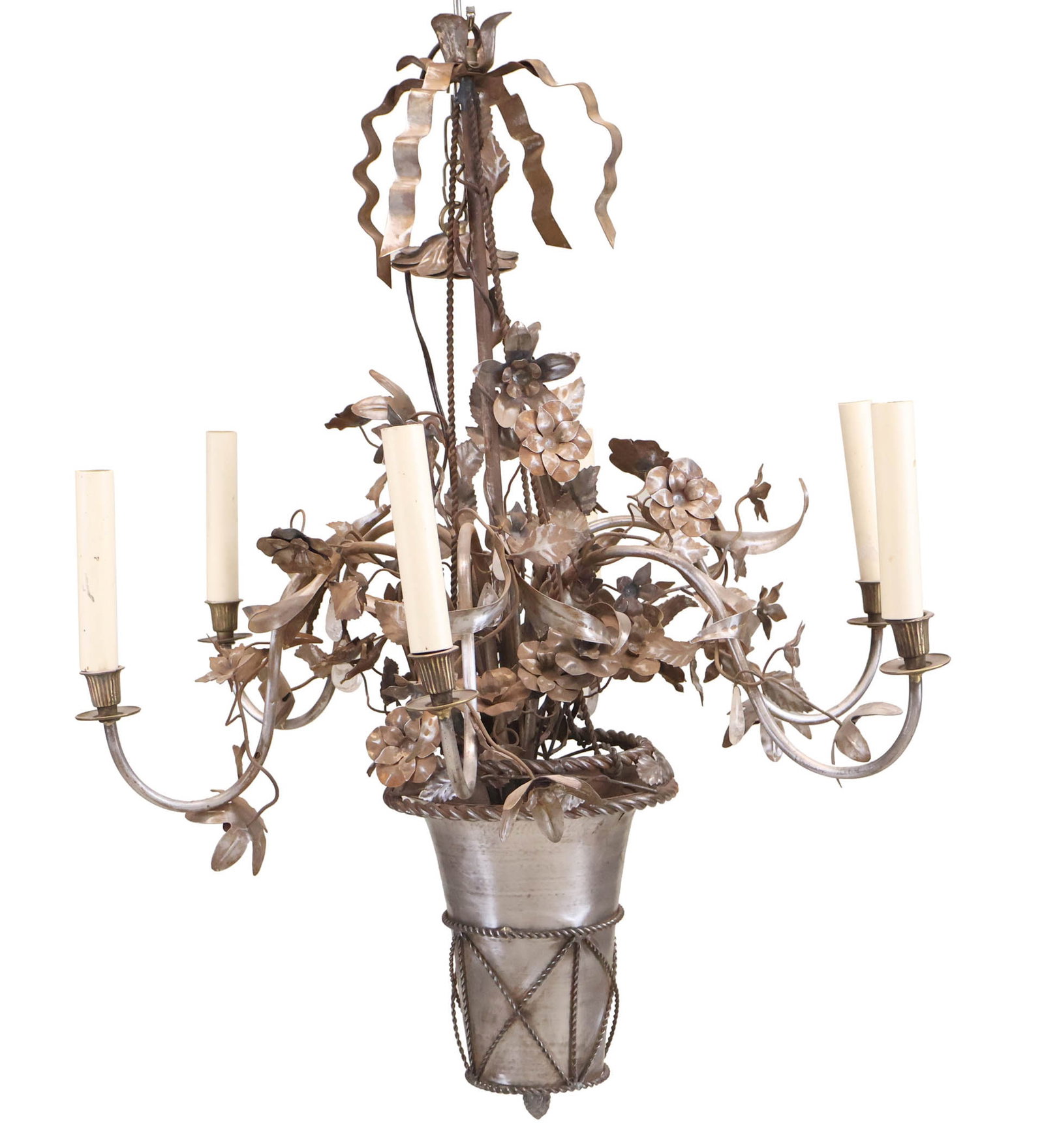 Vintage Steel Floral Chandelier: Vintage Steel Floral Chandelier With basket, bow knots, and ribbons. Some rust and wear. 35 x 28 1/2 in. (88.9 x 72.4 cm.)