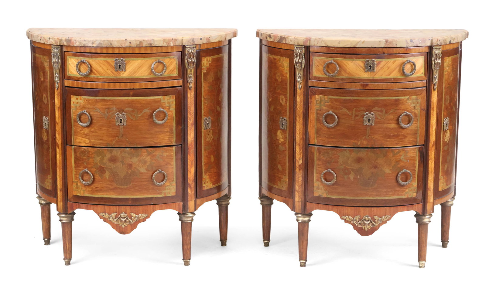 Pair of Louis XVI Marble Top Demi Lune Commodes: Pair of Louis XVI Marble Top Demi Lune Commodes French, c. 1870, with side doors. 30 1/2 x 28 1/2 x 14 in. (77.5 x 72.4 x 35.6 cm.)