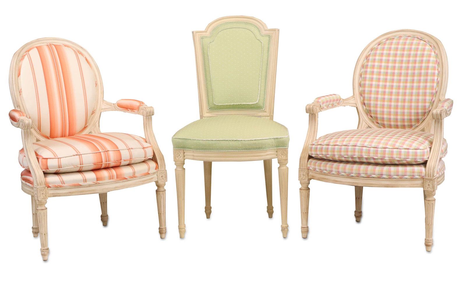 Two Louis XVI Style White Painted Fauteuils: Two Louis XVI Style White Painted Fauteuils Together with a Louis XVI Style white painted side chair. Armchair: 34 3/4 x 24 x 20 in. (88.3 x 61 x 50.8 cm.)
