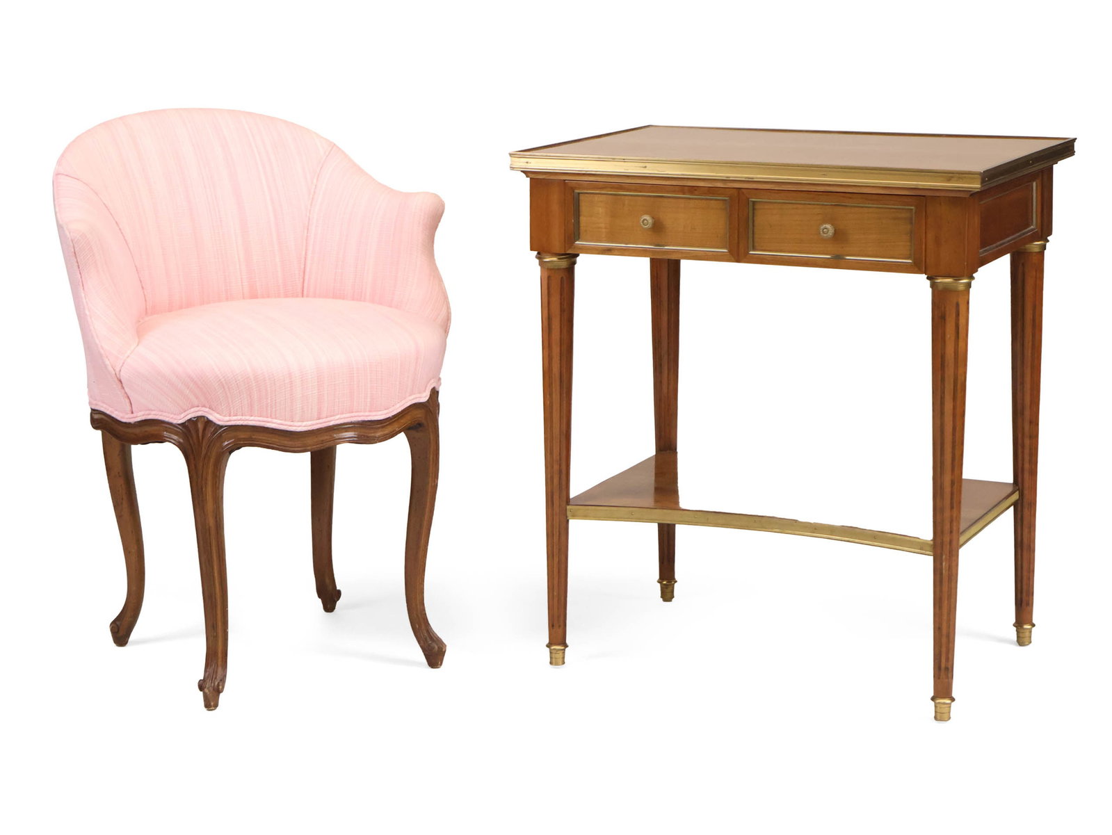 Neoclassical Style Brass Mounted Walnut Side Table: Neoclassical Style Brass Mounted Walnut Side Table 20th C. fitted with one drawer. Together with a Louis XV style boudoir chair. 28 3/4 x 21 1/2 in. (73 x 54.6 cm.), Table: 27 1/2 x 24 1/2 x 17 3/4 in
