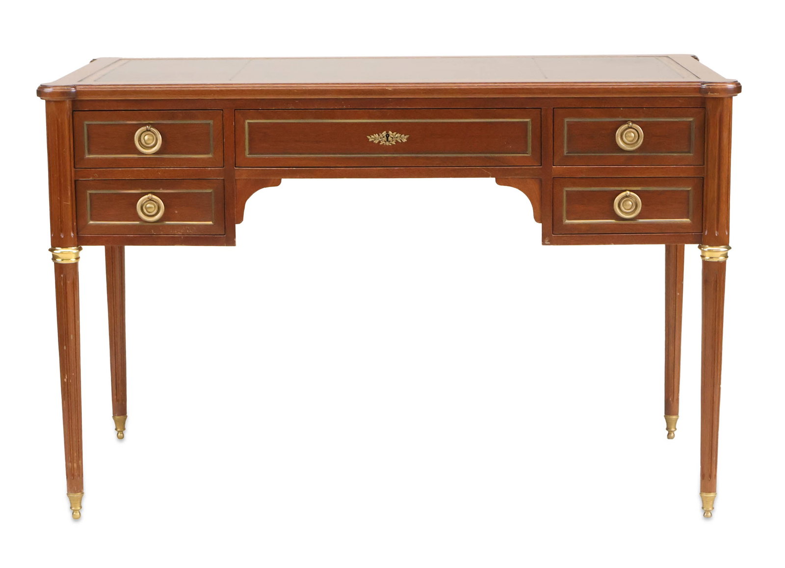 Neoclassical Style Walnut Writing Desk: Neoclassical Style Walnut Writing Desk 20th/21st C. with tooled leather inset top. 29 3/4 x 46 x 24 1/4 in. (75.6 x 116.8 x 61.6 cm.)