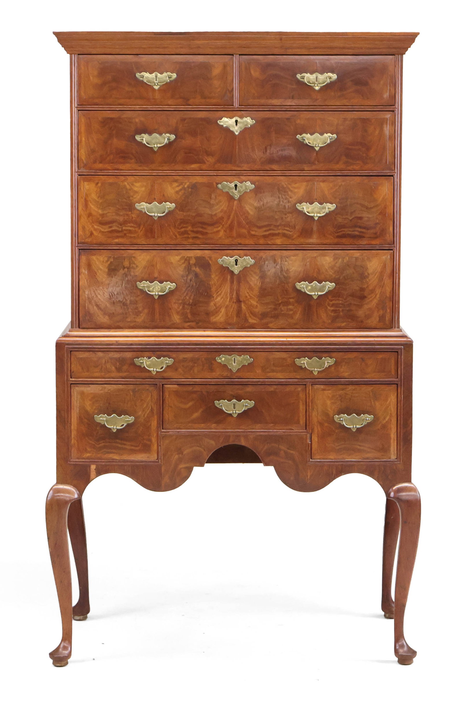 Queen Anne Figured Walnut Highboy: Queen Anne Figured Walnut Highboy Massachusetts, c. 1740-60 Losses to veneer. 65 1/2 x 38 1/2 x 22 1/2 in. (166.4 x 97.8 x 57.2 cm.)