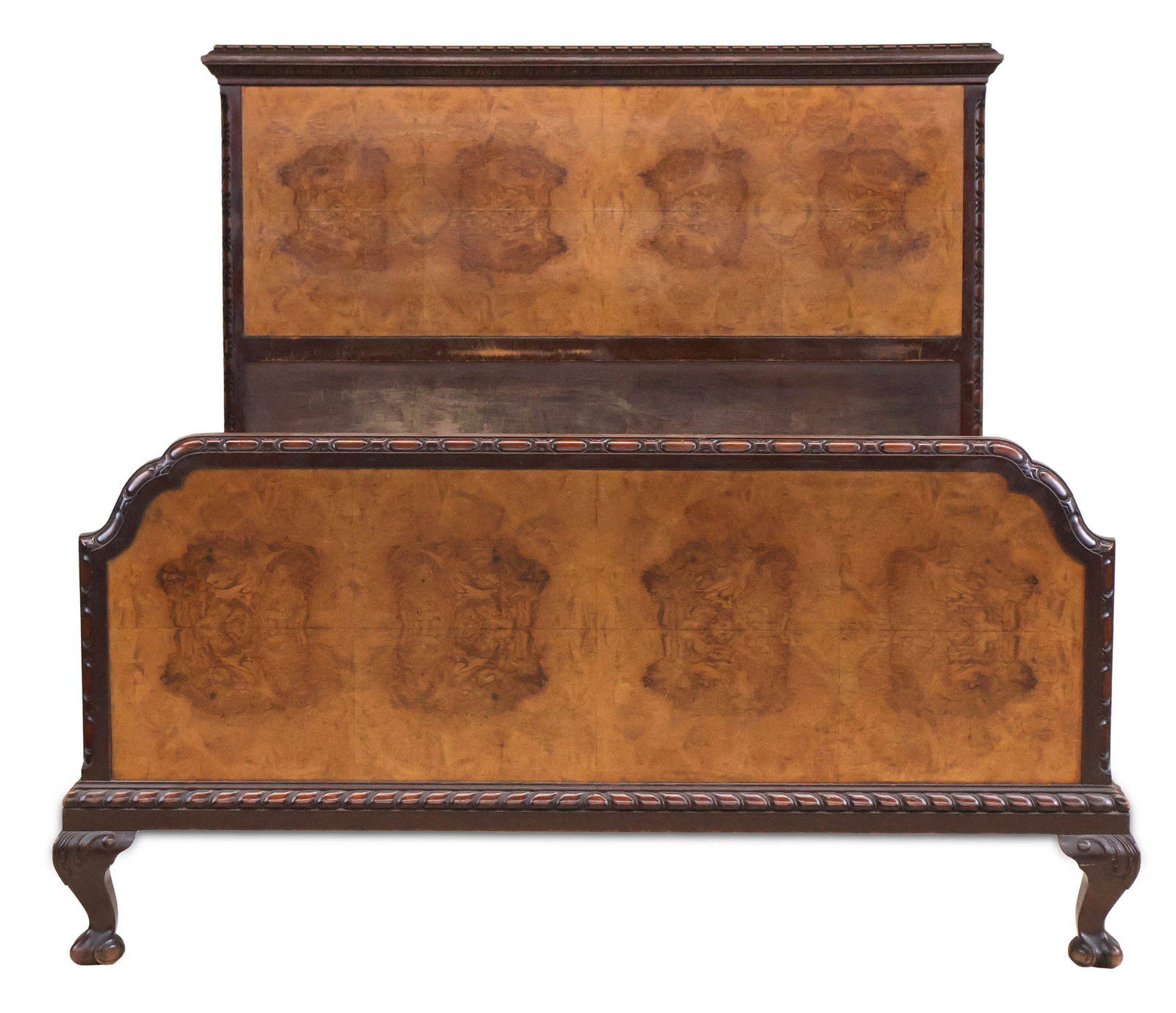 Burl Walnut Queen Size Bedstead: Burl Walnut Queen Size Bedstead Ensuite with vanity and pair of commodes. 49 1/2 x 61 3/4 x 80 1/4 in. (125.7 x 156.8 x 203.8 cm.)