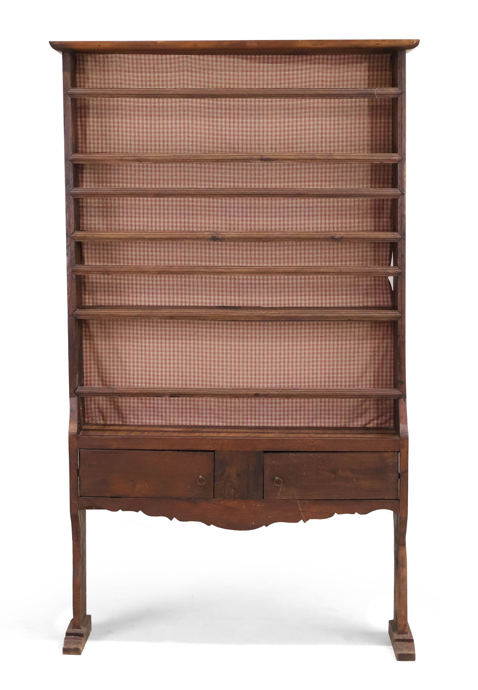 French Provincial Carved Walnut Bookcase: French Provincial Carved Walnut Bookcase French, 19th C. fitted with shelves with fabric back and two drawers. 73 x 40 x 9 1/2 in. (185.4 x 101.6 x 24.1 cm.)