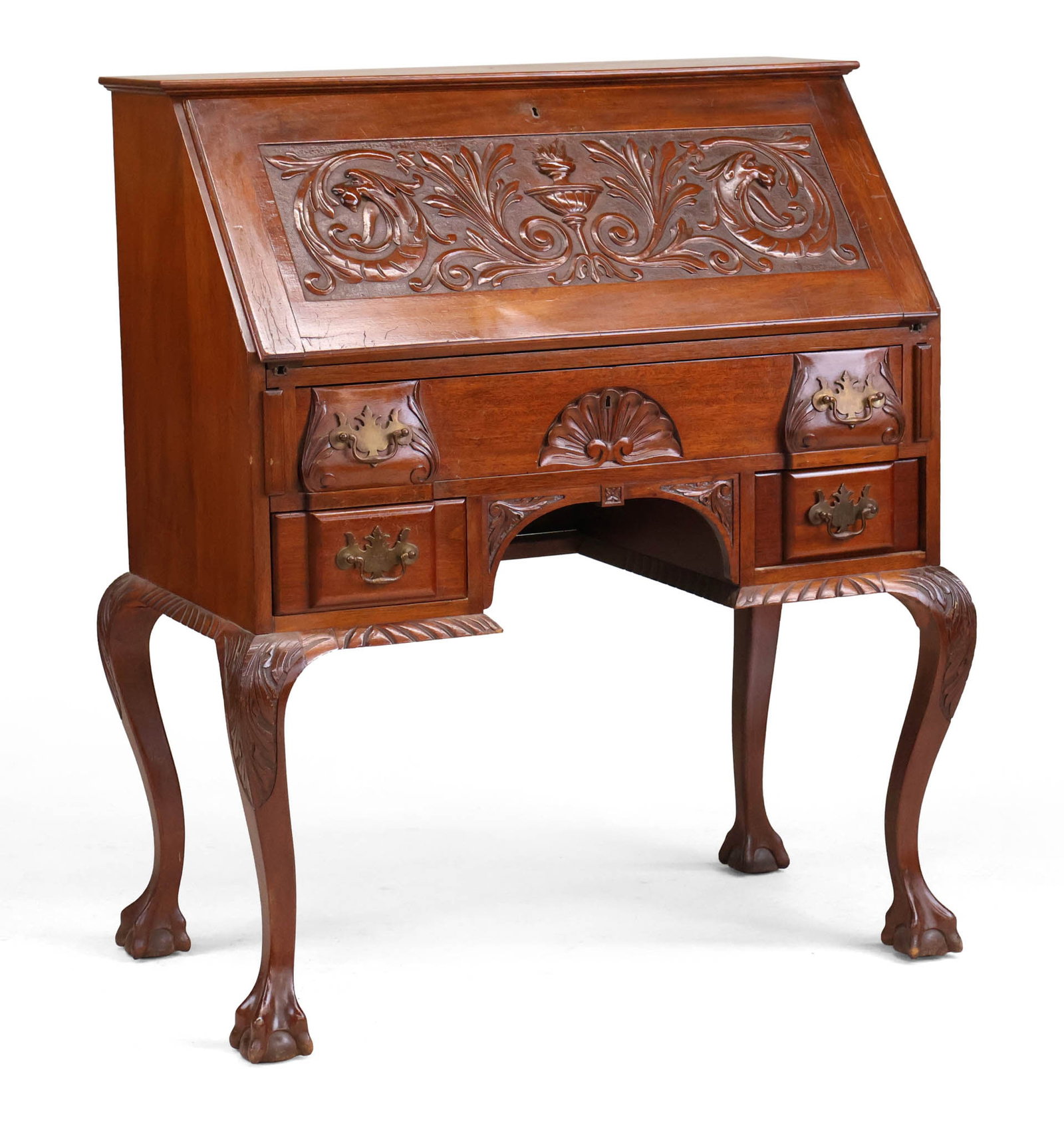 Georgian Style Carved Mahogany Slant Front Desk: Georgian Style Carved Mahogany Slant Front Desk 20th C. Crack to side, losses, wear. 42 x 36 1/2 x 20 1/4 in. (106.7 x 92.7 x 51.4 cm.)