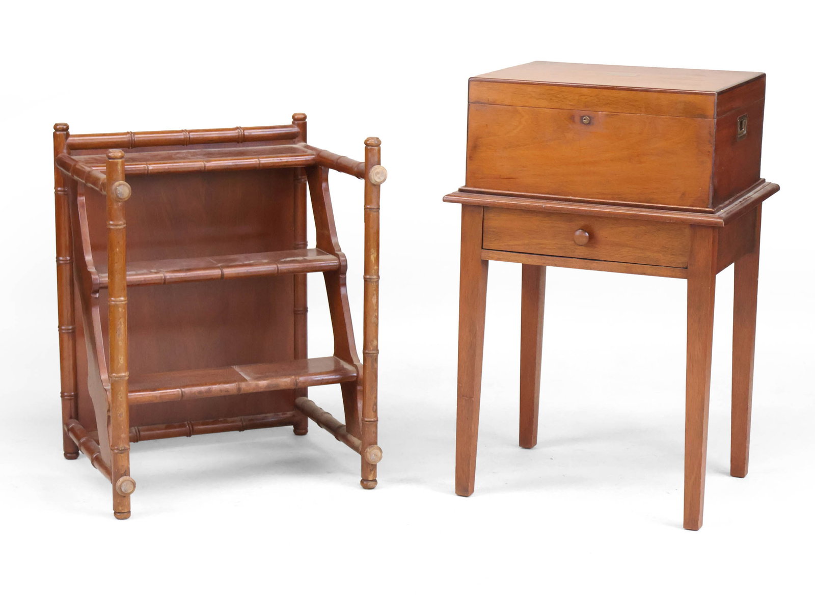 Metamorphic Table/Library Steps: Metamorphic Table/Library Steps Italian, 20th C. Together with a chest on stand. Surface distress, losses, wear. 18 1/2 x 28 x 21 1/4 in. (47 x 71.1 x 54 cm.), and 32 3/4 x 21 1/2 x 17 1/2 in. (83.2