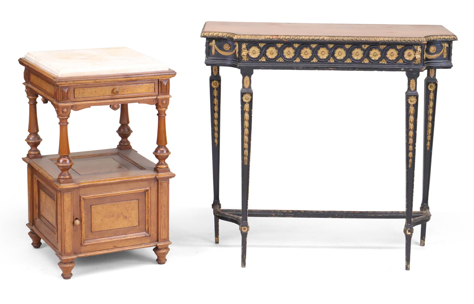 Victorian Walnut Marble Top Stand: Victorian Walnut Marble Top Stand Late 19th/20th C. with drawer and door under shelf. Together with a Neoclassical style ebonized and parcel-gilt pier table. Losses, wear, surface distress. 30 x 17 1/