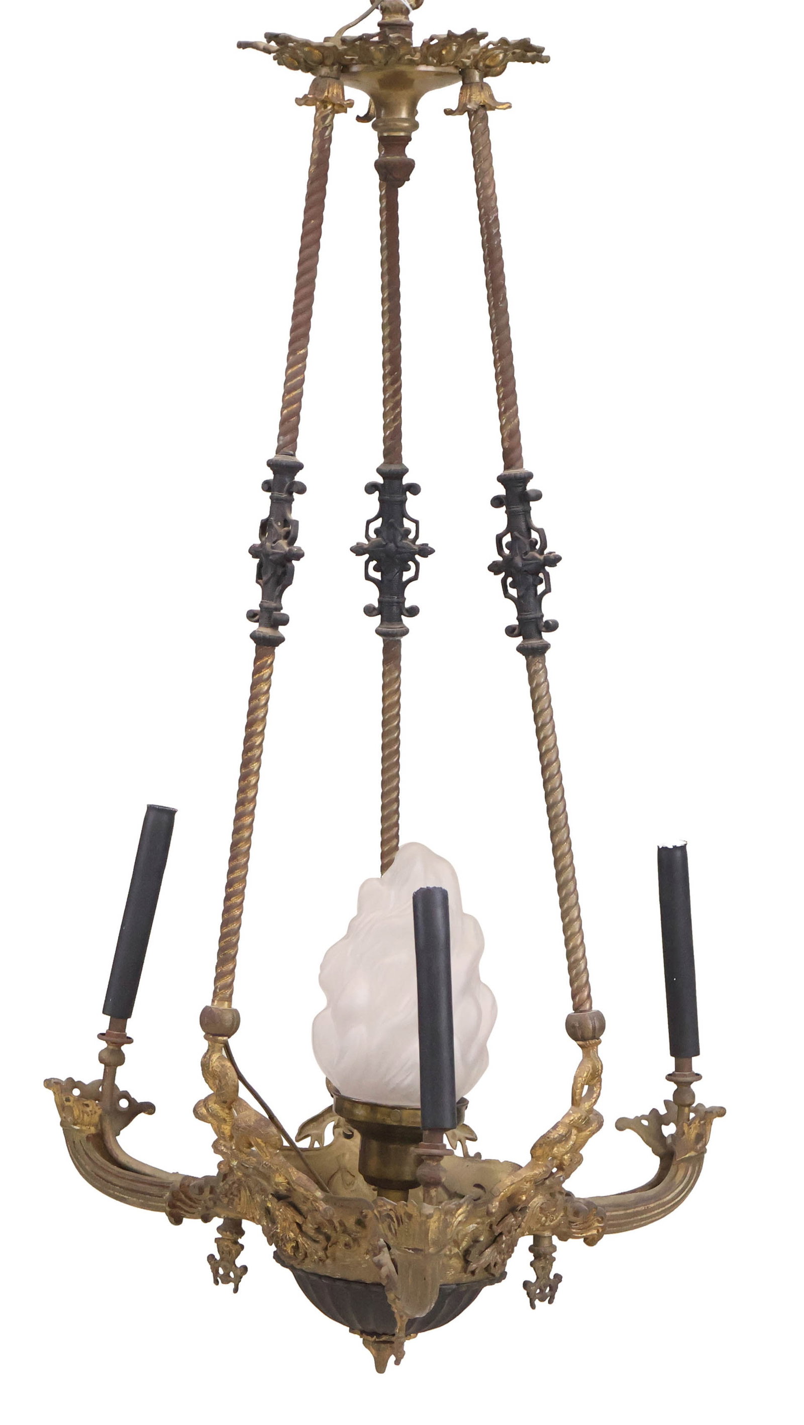 French Empire Brass and Ebonized Three Light Chandelier: French Empire Brass and Ebonized Three Light Chandelier 19th/20th C. with flame-form central shade. Losses, surface distress, wear. 40 x 17 1/2 in. (101.6 x 44.5 cm.)
