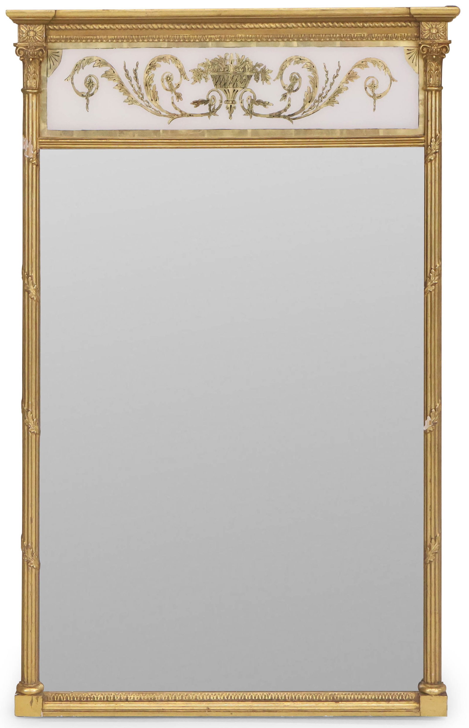 Louis XVI Style Giltwood Trumeau Mirror: Louis XVI Style Giltwood Trumeau Mirror 20th C. with an eglomise panel. 43 3/4 x 32 1/2 in. (111.1 x 82.6 cm.)