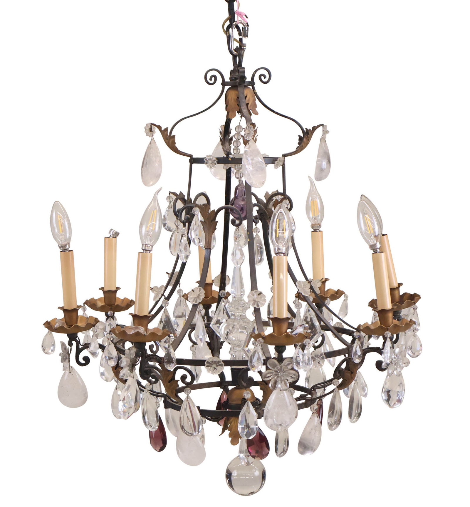 French Art Deco Rock Crystal and Crystal Chandelier: French Art Deco Rock Crystal and Crystal Chandelier 19th/20th C. with black and gilt painted metal frame and eight lights. Losses, missing some elements, damage to sockets. 30 x 26 in. (76.2 x 66 cm.)