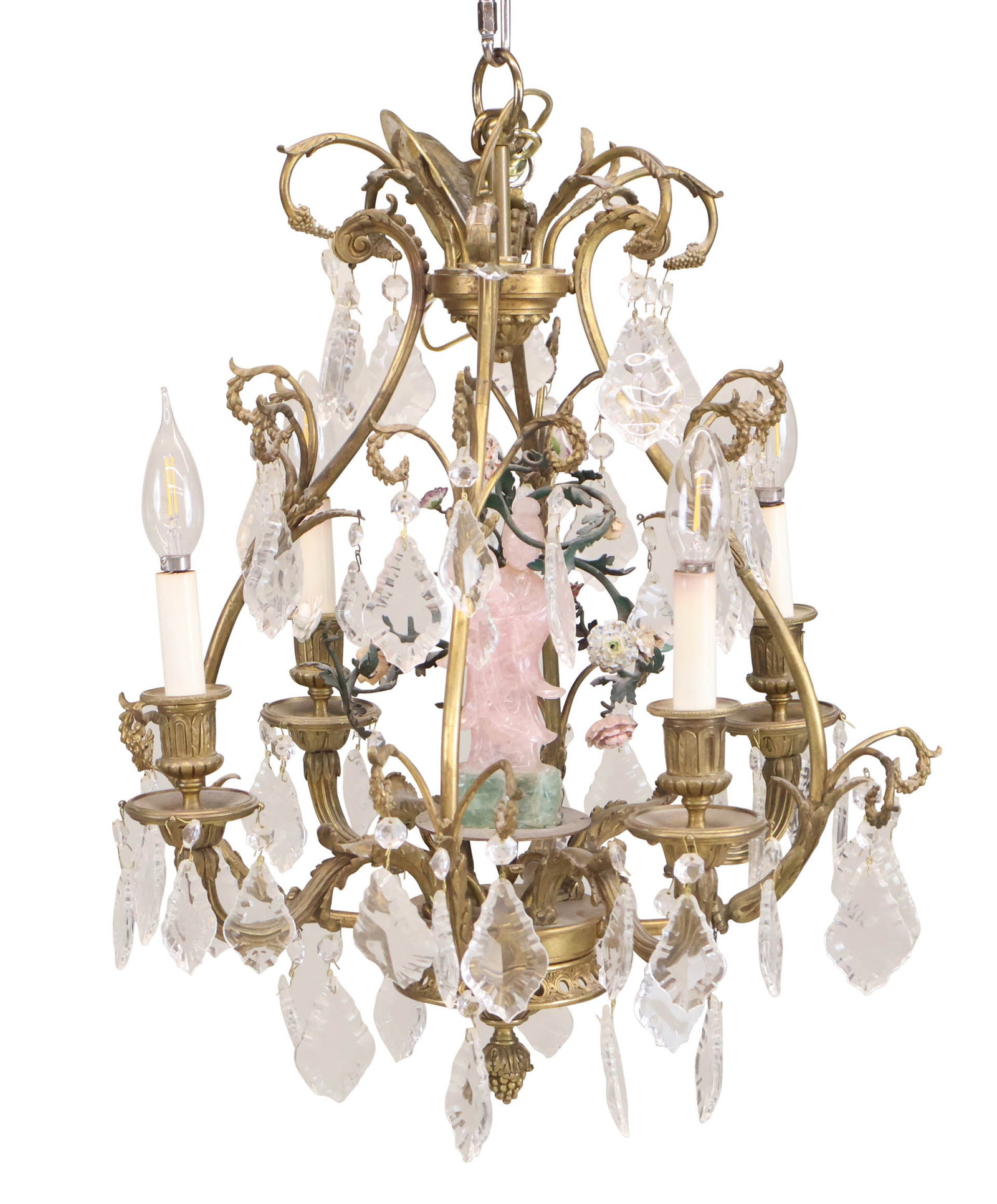 French Ormolu and Crystal Four Light Chandelier: French Ormolu and Crystal Four Light Chandelier 19th/20th C. with central pink quartz Chinese figure. Losses. 25 x 19 in. (63.5 x 48.3 cm.)