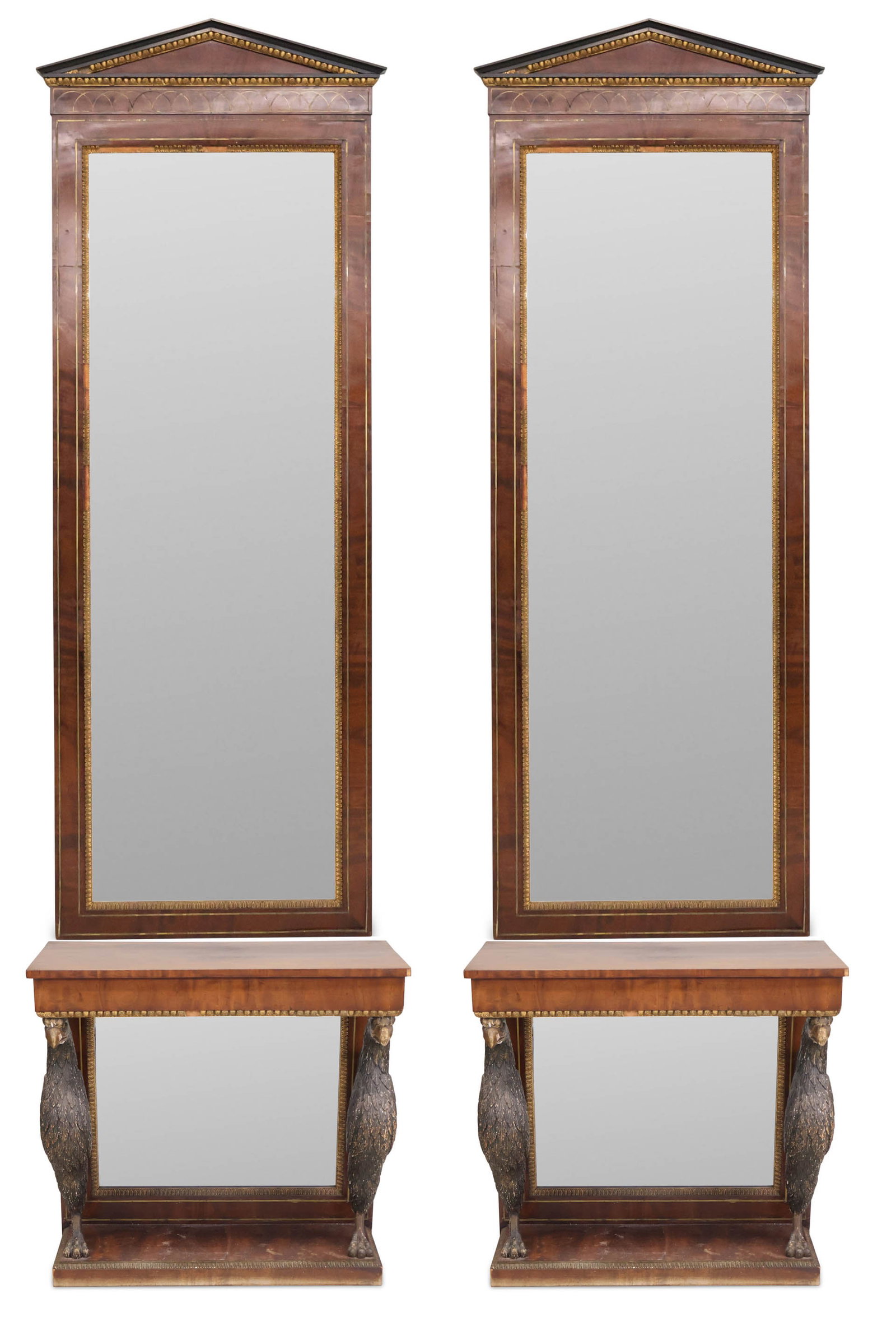 Pair of French Empire Parcel-Gilt Mahogany Pier Mirrors: Pair of French Empire Parcel-Gilt Mahogany Pier Mirrors French, 19th C. with pier tables with eagle-form supports. Losses, surface distress, scratches, wear. 122 x 32 1/2 x 15 1/2 in. (309.9 x 82.6 x