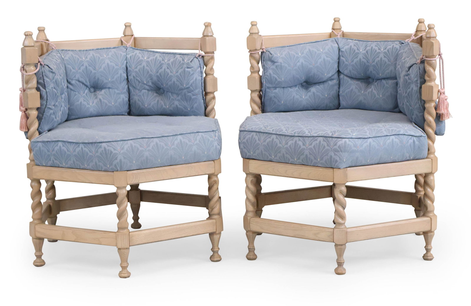Pair of Pickled Oak Octagonal Corner Chairs: Pair of Pickled Oak Octagonal Corner Chairs European Tradition, 20th C. with blue cushions. 31 1/4 x 29 x 25 in. (79.4 x 73.7 x 63.5 cm.)