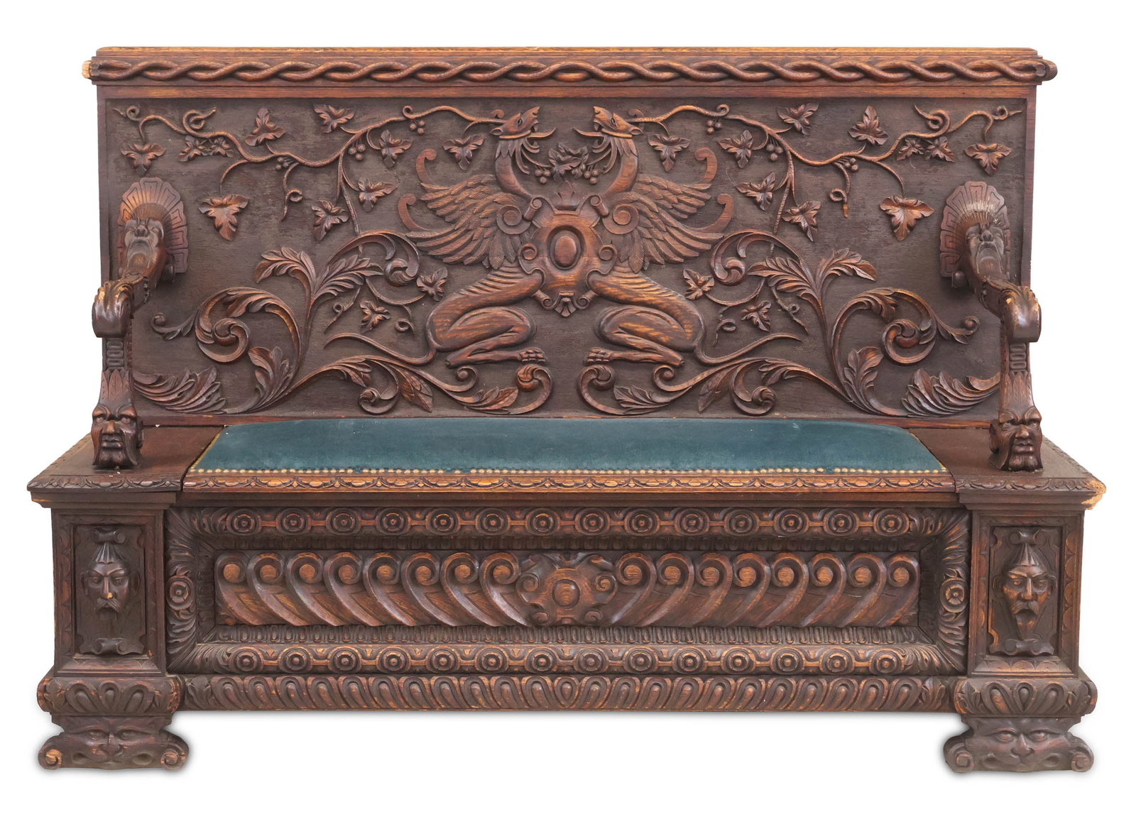 Baroque Style Carved Oak Settee: Baroque Style Carved Oak Settee 19th/20th C. Back separated from base 45 x 67 x 22 1/4 in. (114.3 x 170.2 x 56.5 cm.)