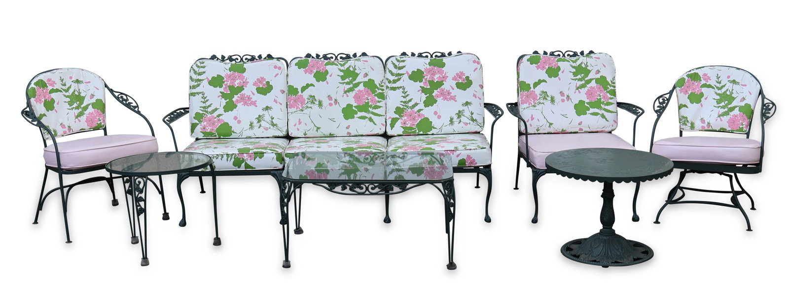 Set of Green Painted Cast-Iron Garden Furniture: Set of Green Painted Cast-Iron Garden Furniture Comprising, a settee, three assorted chairs, and two glass top tables. Together with a green painted cast-iron table, decorated with signs of the zodiac