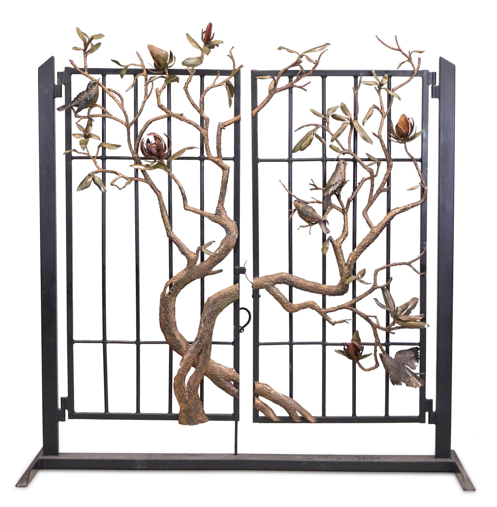 Set of Painted Metal Bird and Tree Branch Decorated Gates: Set of Painted Metal Bird and Tree Branch Decorated Gates Signed and dated 2009 on base. Base: 68 1/4 x 73 x 23 3/4 in. (173.4 x 185.4 x 60.3 cm.)