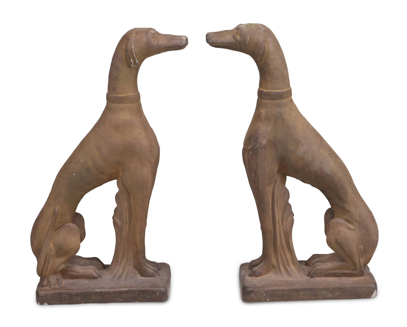 Pair of Cast-Stone Greyhounds: Pair of Cast-Stone Greyhounds 20th/21st C. Surface distress, chips, wear. 30 x 8 x 15 in. (76.2 x 20.3 x 38.1 cm.)
