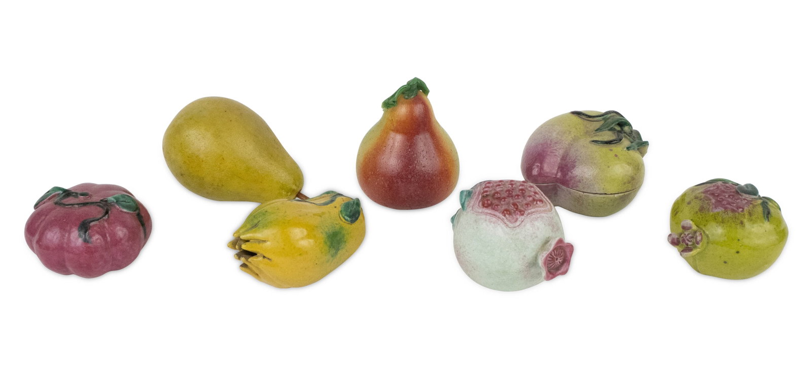 Six Small Chinese Porcelain Altar Fruits: Six Small Chinese Porcelain Altar Fruits 19th/20th C. including, pears, pomegranates, Buddha's hand, and peaches, one fitted as a box. Together with a stone pear. Largest: 3 1/4 x 2 1/2 in. (8.3 x 6.4