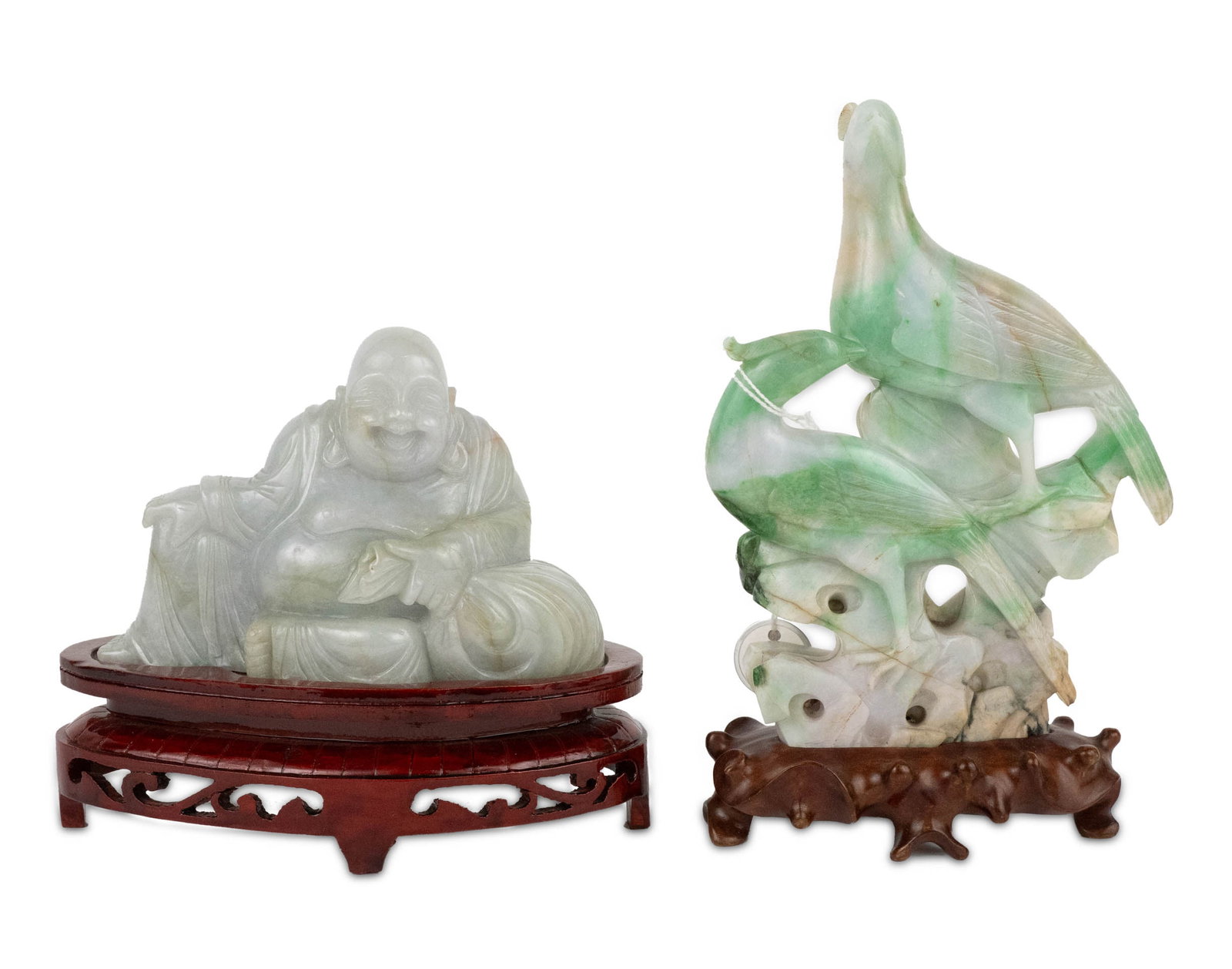 Chinese Jadeite Birds Sculpture: Chinese Jadeite Birds Sculpture With stand. Together with a Chinese white jade Buddha figure with stand. Birds: 8 1/2 in. (21.6 cm.), Buddha: 6 in. (15.2 cm.)