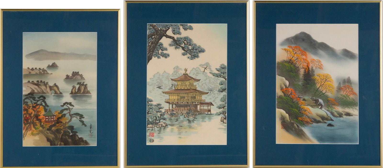 Three Japanese Works on Silk: Three Japanese Works on Silk One a woodblock print of Kinkakuji temple, the other watercolor and ink landscapes. Sight: 14 1/2 x 10 in. (36.8 x 25.4 cm.), Frame: 20 1/4 x 15 3/4 in. (51.4 x 40 cm.)