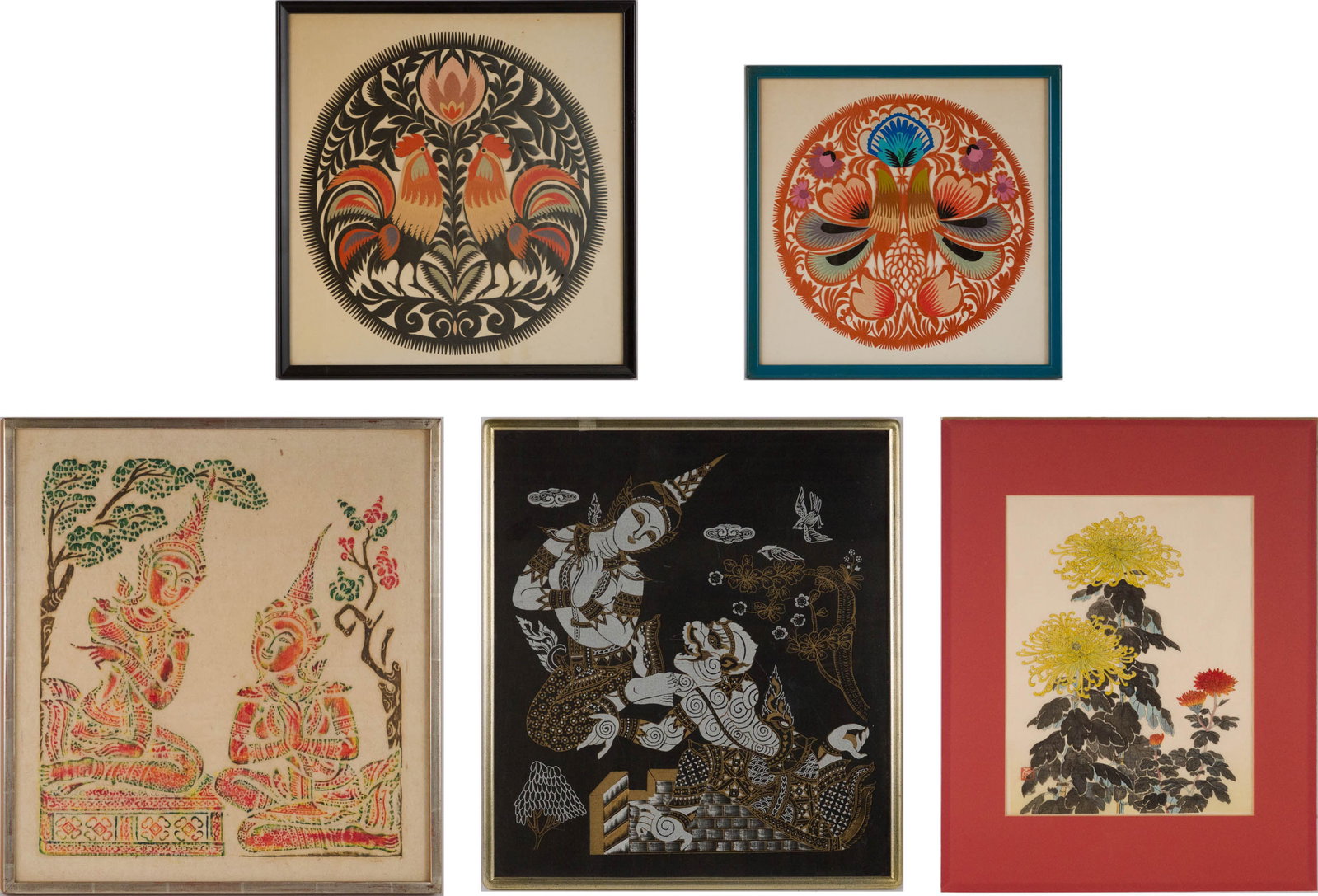 Woodblock Print, Nisaburo Ito, Chrysanthemums: Woodblock Print, Nisaburo Ito, Chrysanthemums Unframed. Together with two Polish Wycianki paper cuttings of Roosters and a Thai Temple Rubbing and Print. 5 pieces Largest Sight: 19 1/4 x 17 3/4 in.