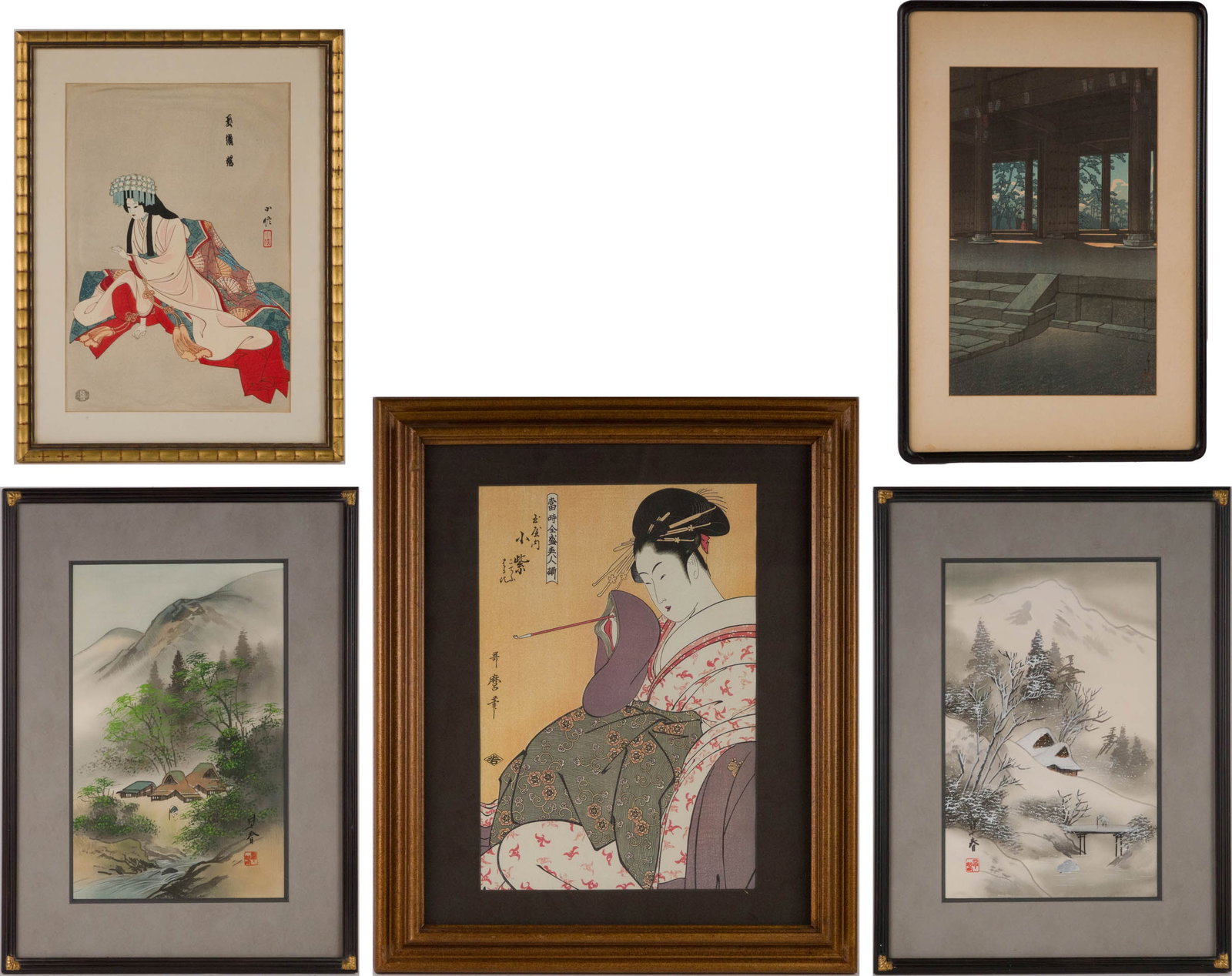 Two Japanese Watercolor and Ink on Silk Landscapes: Two Japanese Watercolor and Ink on Silk Landscapes Of a village in winter and spring. Together with a woodblock print by Kawase Hasui, titled "Chion-in Temple, Kyoto", a woodblock print by Hasegawa Ko