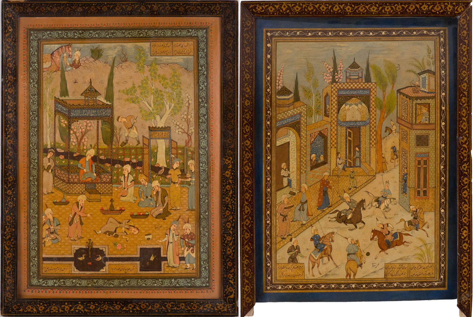 Two Mughal Miniature Paintings: Two Mughal Miniature Paintings Probably scenes from the Baburnama. One frame broken. Sight: 13 7/8 x 10 in. (35.2 x 25.4 cm.), Frame: 15 1/2 x 11 1/2 in. (39.4 x 29.2 cm.)