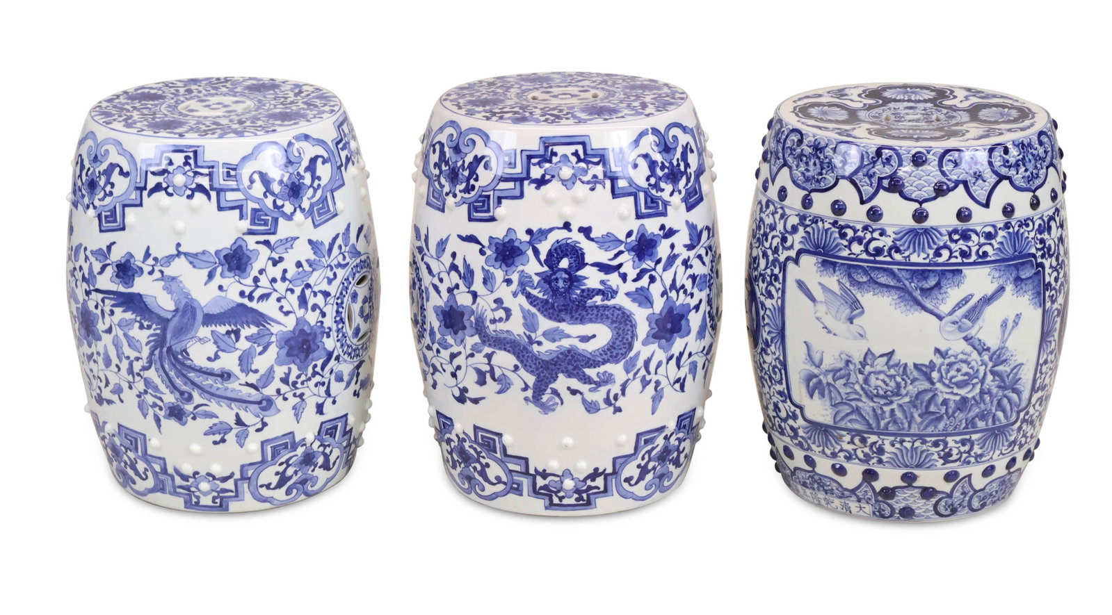 Three Chinese Blue and White Porcelain Garden Seats: Three Chinese Blue and White Porcelain Garden Seats 20th C. two similar in style. 17 1/2 x 13 1/2 in. (44.5 x 34.3 cm.)