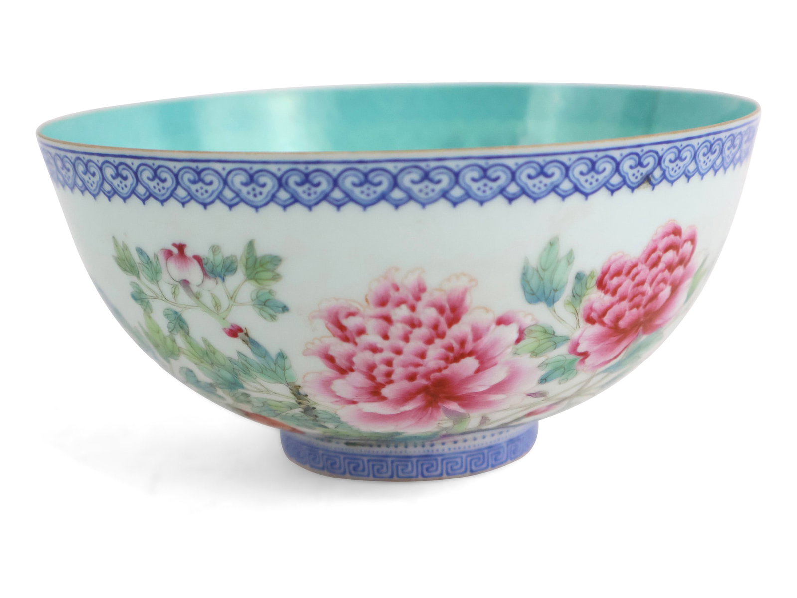 Chinese Eggshell Porcelain Famille Rose Peony Bowl: Chinese Eggshell Porcelain Famille Rose Peony Bowl With Qianlong seal mark, the interior and base colored in aqua. Hairline crack. Provenance: Property from a Private New York and German Collector 2 1