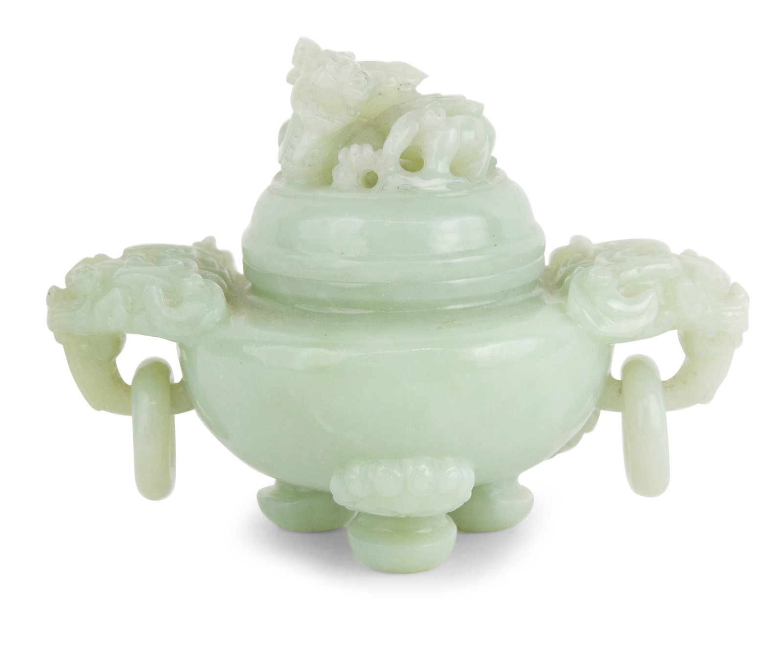 Chinese Pale Celadon Nephrite Jade Covered Censer: Chinese Pale Celadon Nephrite Jade Covered Censer Late 19th/early 20th C. with ring handles and tripod feet, ring handles with dragon mask tops. Provenance: Property from a Private New York and