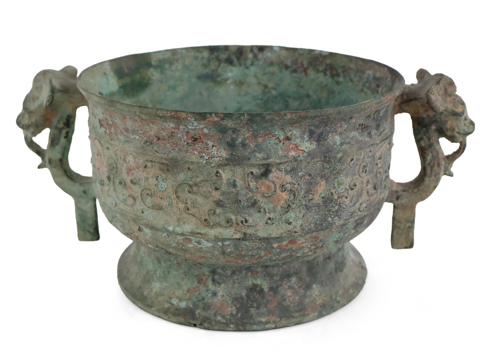 Chinese Archaic Bronze Gui: Chinese Archaic Bronze Gui Ritual food vessel, with compressed globular body, raised on waisted foot, with a pair of loop handles decorated as a water buffalo. Losses.Provenance: Property from a Priva