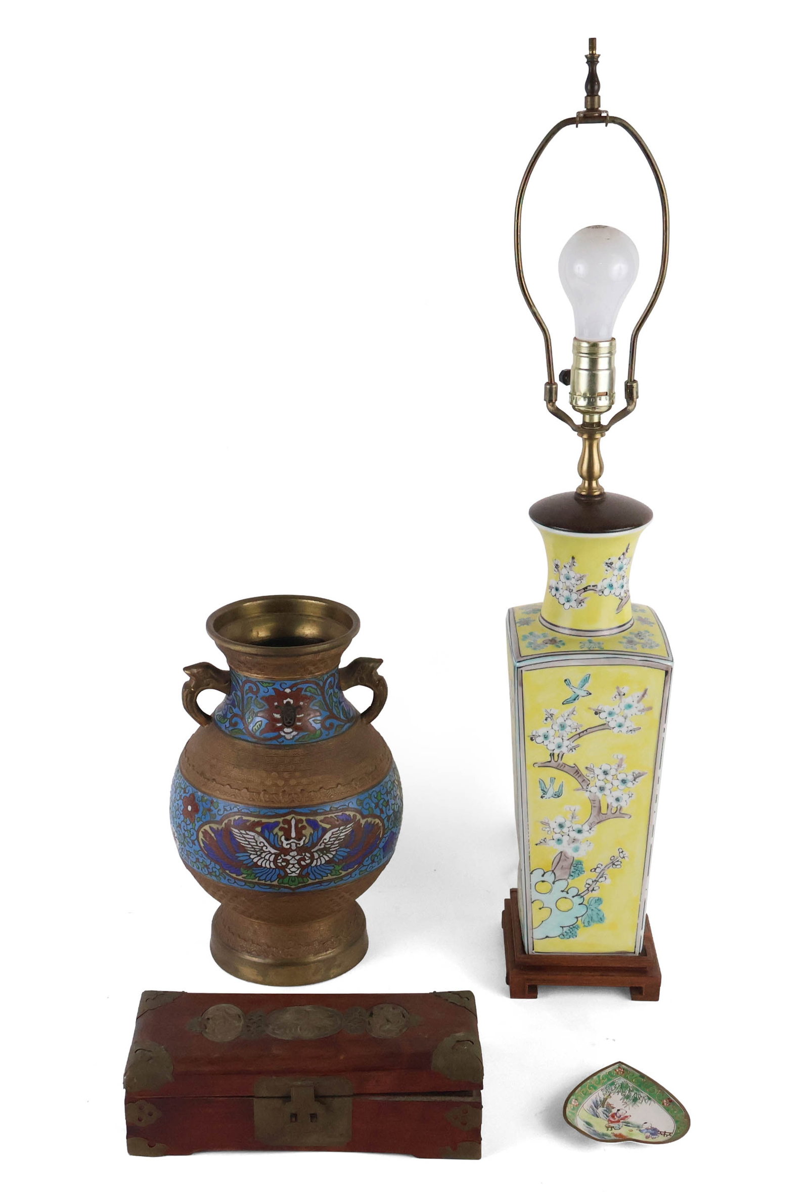 Chinese Peach Blossom Decorated Square Vase: Chinese Peach Blossom Decorated Square Vase Fitted as a lamp. Together with a Chinese enamel decorated double handled vase, a Chinese hardstone inset wood box, and a Chinese enamel heart-shaped dish.