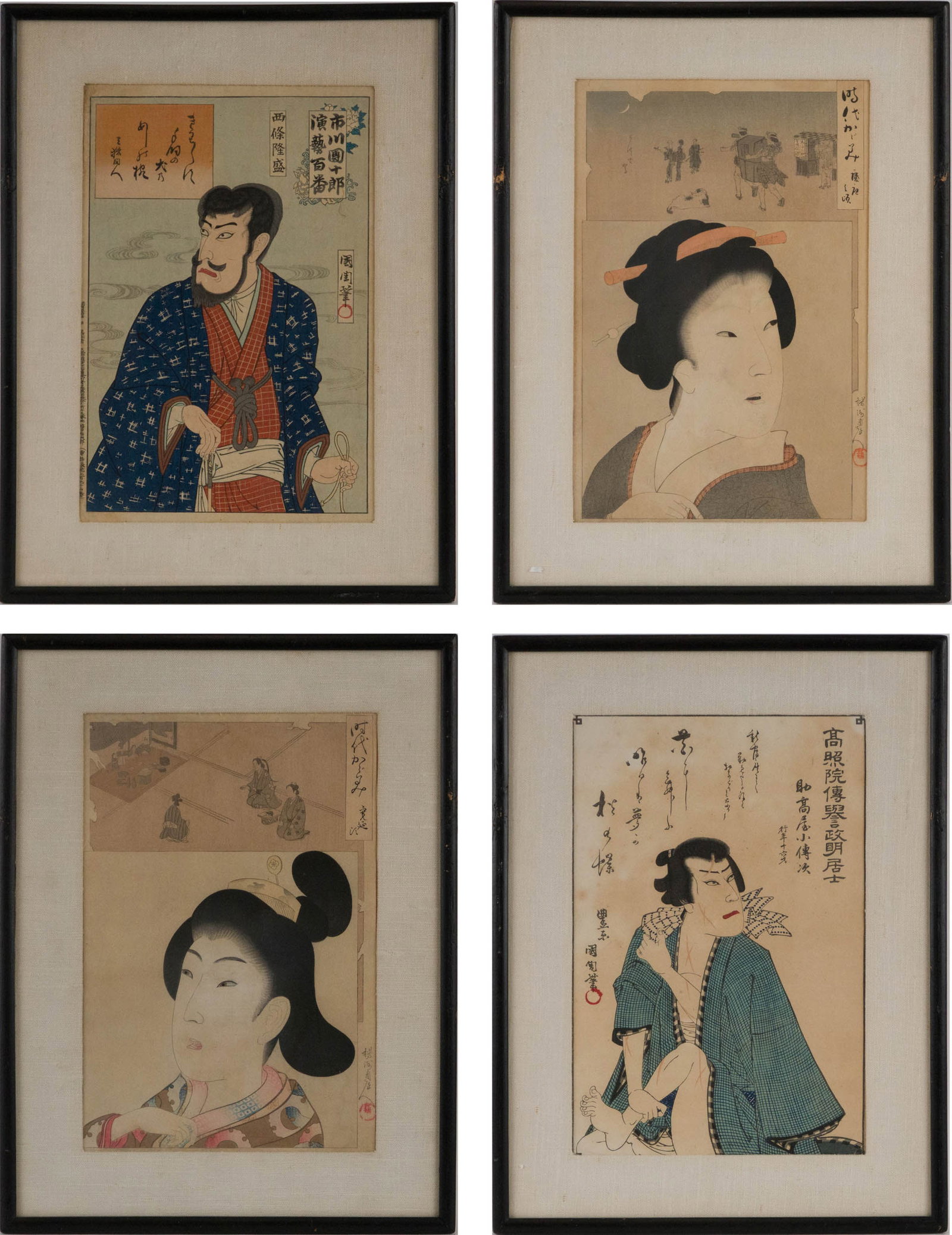 Four Japanese Woodblock Prints of Figures: Four Japanese Woodblock Prints of Figures Including, Ichikawa Danjuro IX as Shijo Ryusei, Shinie Shodaisuke Kayako Denji, Toyohara Chikanob. Sight: 13 1/4 x 9 in. (33.7 x 22.9 cm.), Frame: 18 1/4 x