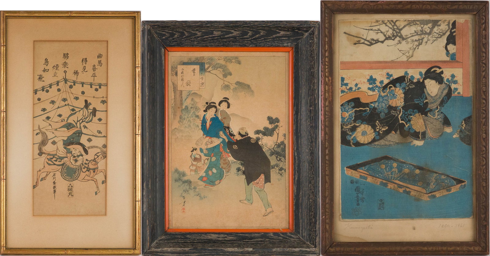 Three Japanese Woodblock Prints: Three Japanese Woodblock Prints Comprising, "Mushroom Gathering" by Mizuno Toshikata, one of a woman spying on another woman, and one of an acrobat by Ishikawa Toyonobu. Largest Sight: 16 3/4 x 10