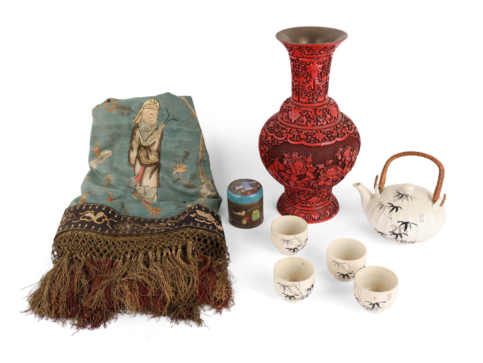 Chinese Cinnabar Vase: Chinese Cinnabar Vase 20th C. Together with a Chinese silk tapestry, a Chinese porcelain teapot and four teacups, and a enamel covered jar. 8 pieces Chips, losses, surface distress. Vase: 15 1/4 x 8