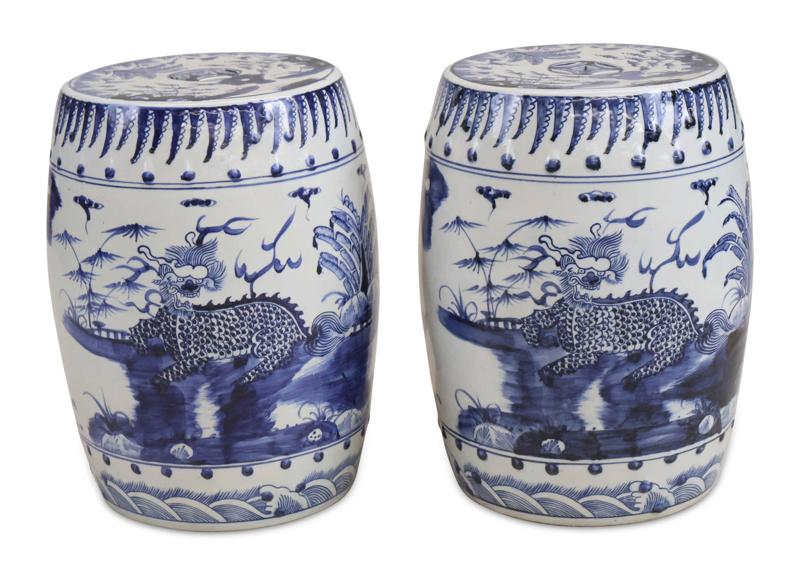 Pair of Chinese Blue and White Porcelain Garden Seats: Pair of Chinese Blue and White Porcelain Garden Seats 20th C. 13 1/2 x 12 1/2 in. (34.3 x 31.8 cm.)