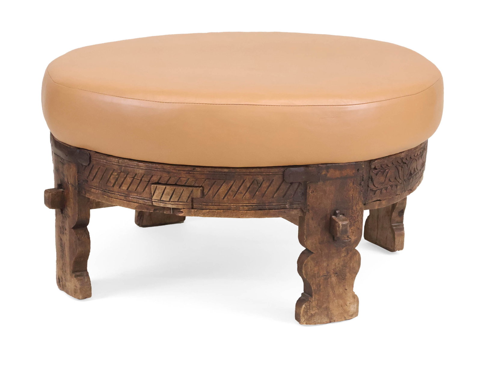 Indian Chakki Table, Fitted as an Ottoman: Indian Chakki Table, Fitted as an Ottoman With brown leather top. 16 1/2 x 30 in. (41.9 x 76.2 cm.)