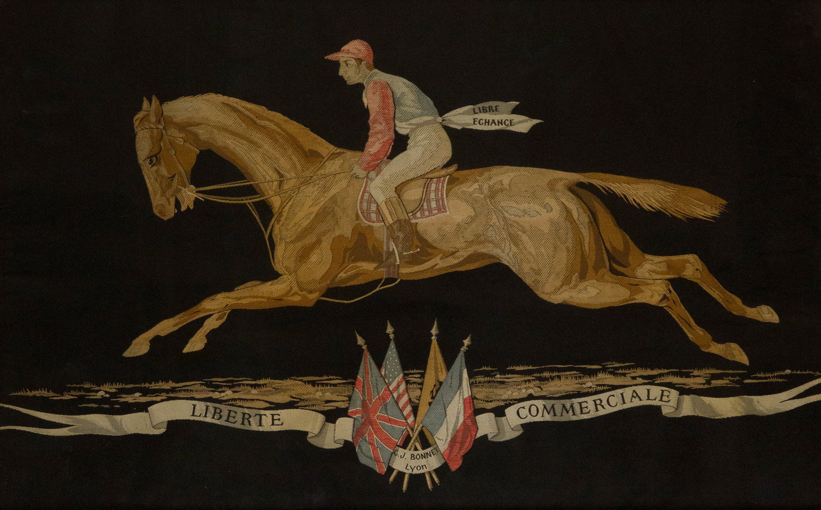 C.J. Bonnet Silk Equestrian Panel: C.J. Bonnet Silk Equestrian Panel Lyon, Liberte Commerciale. Sight: 14 3/4 x 22 3/4 in. (37.5 x 57.8 cm.), Frame: 17 3/4 x 25 1/2 in. (45.1 x 64.8 cm.)
