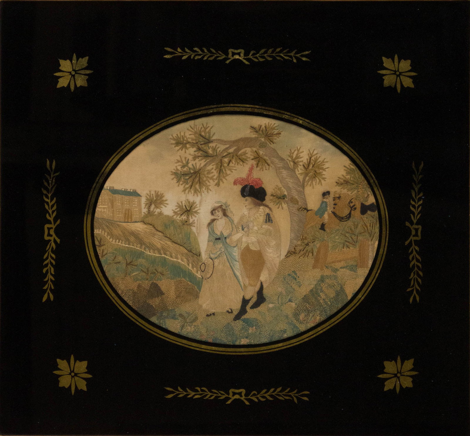 Silkwork of a Couple in Landscape: Silkwork of a Couple in Landscape 19th C. with eglomise mat. Sight: 9 3/4 x 11 3/4 in. (24.8 x 29.8 cm.), Frame: 23 x 23 3/4 in. (58.4 x 60.3 cm.)