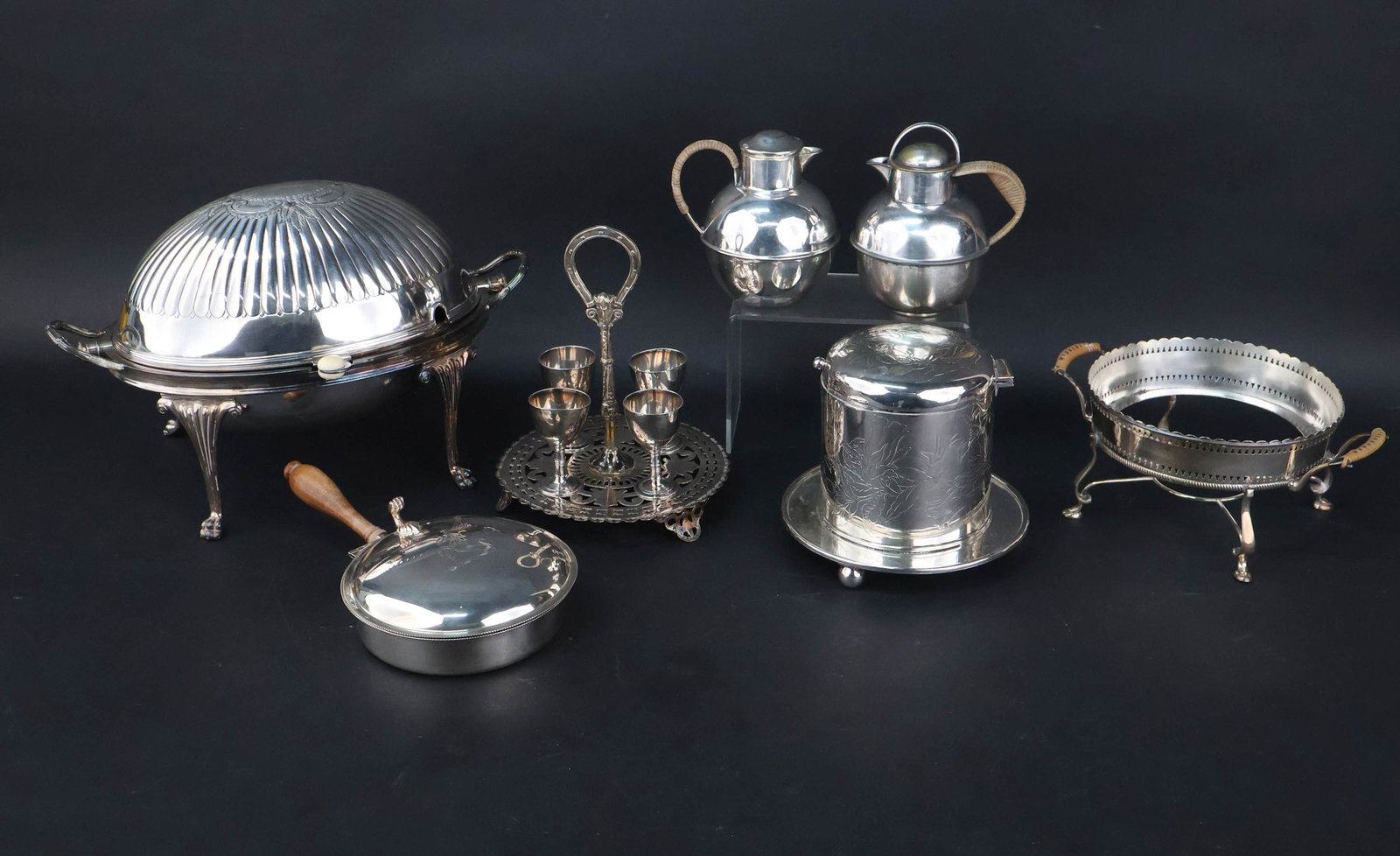 Beresford Plate Roll Top Breakfast Dome: Beresford Plate Roll Top Breakfast Dome English. Together with a footed chafing stand, an egg cruet stand, a biscuit jar, a silent butler, and two hot water kettles. Provenance: Property from the