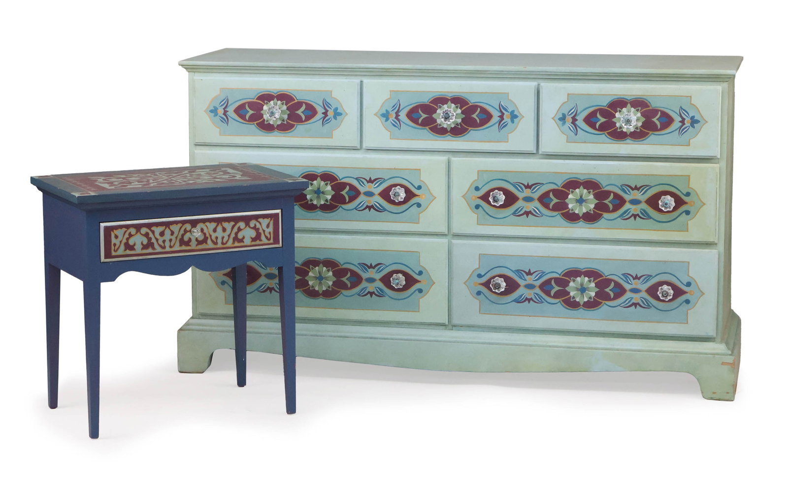 Lane Furniture Painted Chest of Drawers and Nightstand: Lane Furniture Painted Chest of Drawers and Nightstand Adaption by Lane for the Americana Collection of the Museum of American Folk Art. Some wear and losses to paint. Nightstand: 25 1/4 x 25 x 16 in.